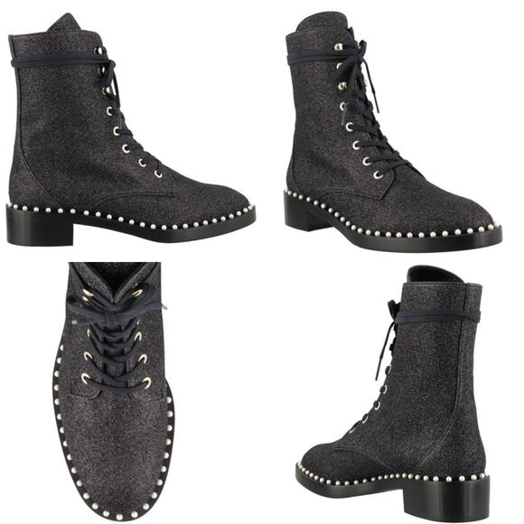 Stuart Weitzman|Sondra Bead Embellished Black Glitter Combat Boots, 6 - Picture 1 of 16